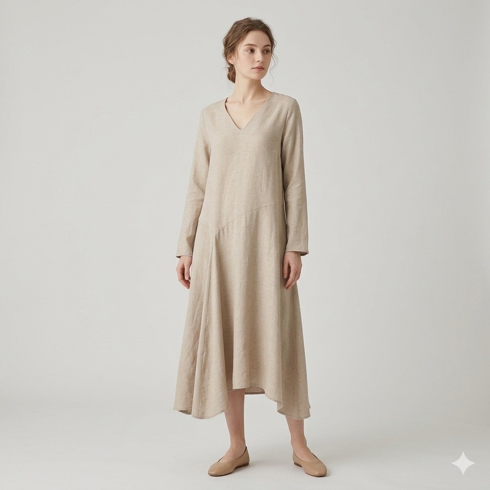 Massimo Dutti Beige Wool Blend V-Neck Asymmetrical Waist Midi Dress Size Medium